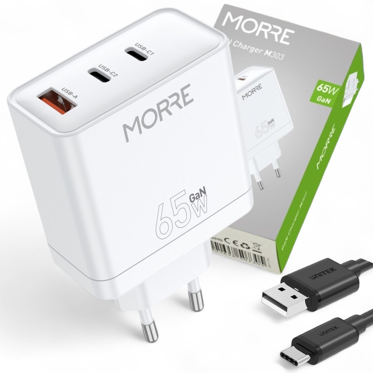 Ładowarka GaN 65W M303 – szybkie ładowanie USB-C i USB-A, 3 porty