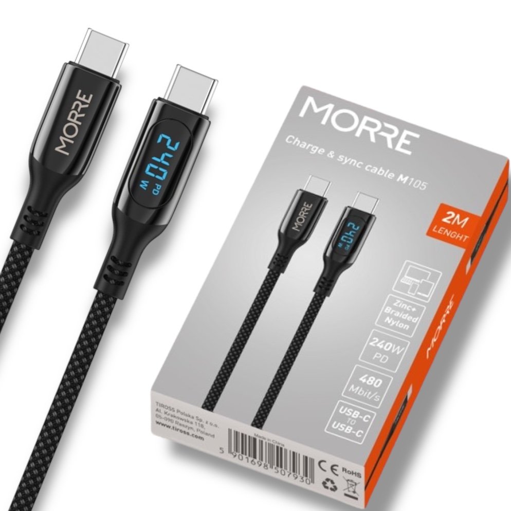 Kabel USB-C do USB-C 240W z wyświetlaczem mocy, 2 m – M-105, szybkie ładowanie, nylonowy oplot