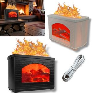 Nawilżacz powietrza LED Kominek Płomienie – aromaterapia, lampa dekoracyjna, 270 ml, biały/czarny