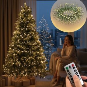 Nowoczesna girlanda choinkowa LED 30m 1000 LED – ciepły biały / ciepły biały flash, mikro lampki na zielonym przewodzie, pilot 8 trybów - Girlanda 30 m – 1000 LED Ciepły Biały z efektem Flash – bez pilota