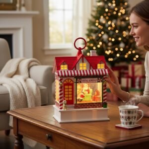 Świąteczny Domek LED z Mikołajem | Latarnia Bożonarodzeniowa ze Śniegiem i Muzyką